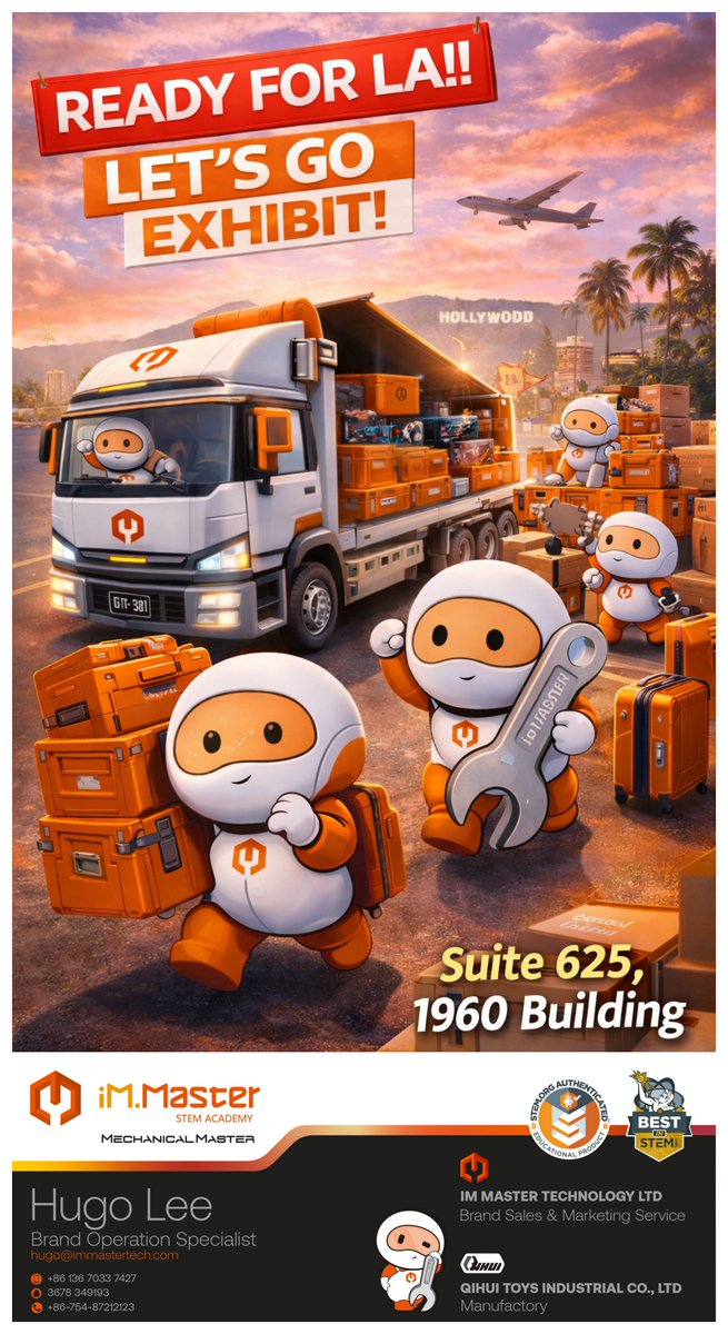 HugoLee789's tweet image. iM.Master is ready.🚀

LA Toy Show NEXT WEEK!

Find us: Suite 625, 1960 Building.

Limited appointment slots left — book now.

Stay tuned.

#iMMaster #IMMASTER #immaster #LAToyShow #ToyFair #STEMToys #BuildingBlocks
