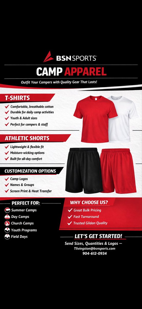 Tliv1996's tweet photo. Get your sports camps geared up the right way with BSN Sports. 

Custom camp t-shirts &amp; shorts through BSN Sports with special bulk pricing, fast turnaround, and full customization.

Everything you need—sizes, logos, and options—all in one place.

Let’s Go!!! https://t.co/SFn9i04kbm