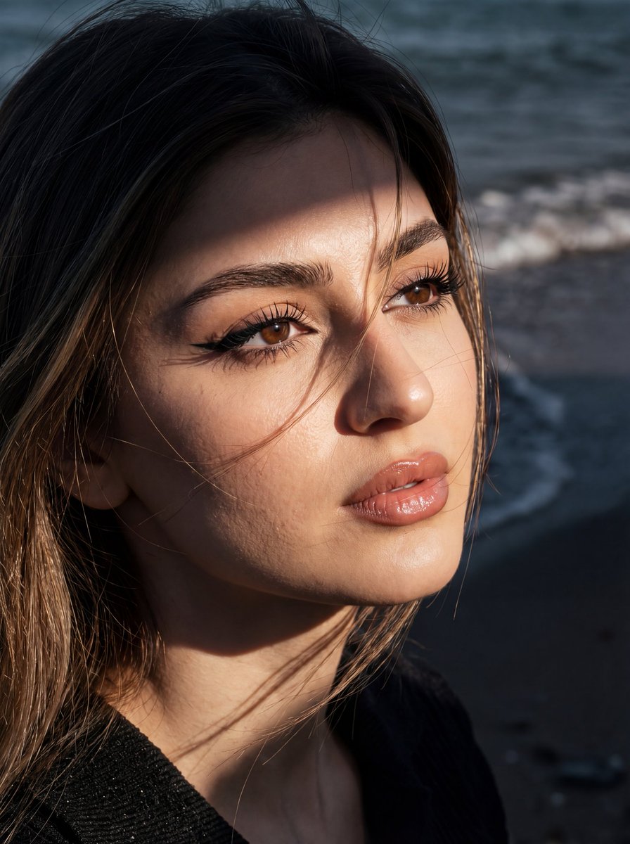 ChillaiKalan__'s tweet image. Google Gemini Nano Banana Pro 

Prompt:
Create a photograph without altering facial features.
A highly realistic, cinematic effect, extra grainy, 8K portrait: a beautiful woman with hair lightly blown by the wind, styled by shallow seaside waves.
She has expressive facial