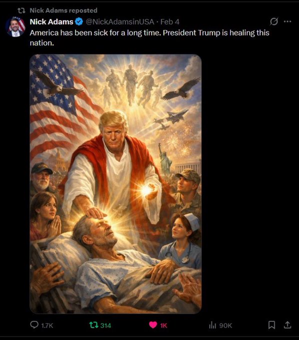T_Hates_Cali's tweet photo. @JenLawrence21 What is there to be outraged about with Trump? This is the original post he shared the photo from, it's TWO months old. "Trump is healing this nation". It wasn't meant to be blasphemous. https://t.co/uivHyKVoxY