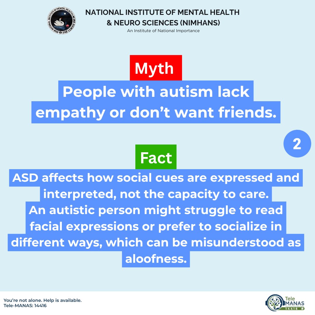 NIMHANS_BLR's tweet image. NIMHANS Bengaluru shares clinical facts on Autism Spectrum Disorder (ASD). ASD is a neurodevelopmental condition, not caused by parenting. Each individual possesses a unique profile of strengths. Learn the facts. Call 14416. #NIMHANSBengaluru #AutismAwareness #MentalHealth