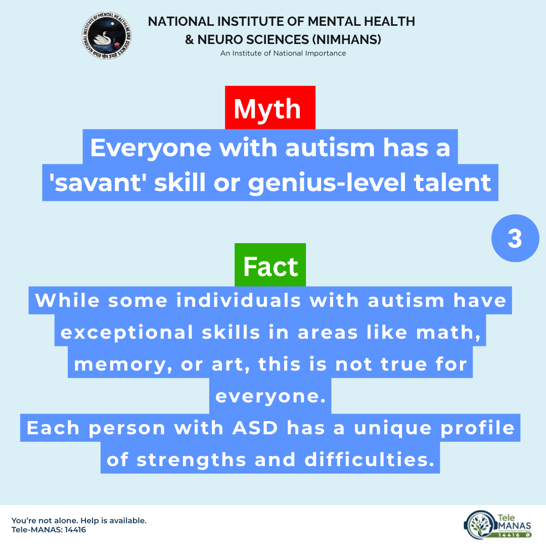 NIMHANS_BLR's tweet image. NIMHANS Bengaluru shares clinical facts on Autism Spectrum Disorder (ASD). ASD is a neurodevelopmental condition, not caused by parenting. Each individual possesses a unique profile of strengths. Learn the facts. Call 14416. #NIMHANSBengaluru #AutismAwareness #MentalHealth