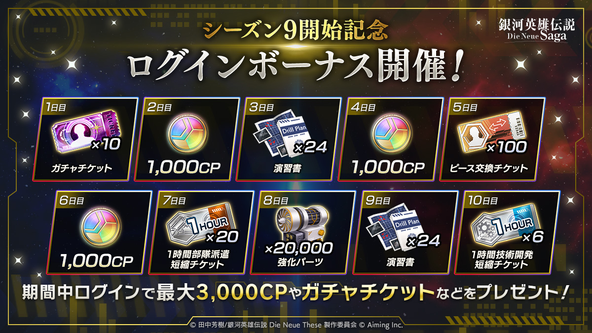 ◥◣シーズン9開幕！◢◤

内政や星域で戦闘準備を整え、会戦で勝利を目指そう！

シーズン9開始記念として、期間中ログインで、ガチャチケット10枚と最大3,000CPなどが獲得できる「シーズン9記念ログインボーナス」を開催中！

毎日ログインして、報酬を獲得しよう！

▼ログインボーナス開催期間