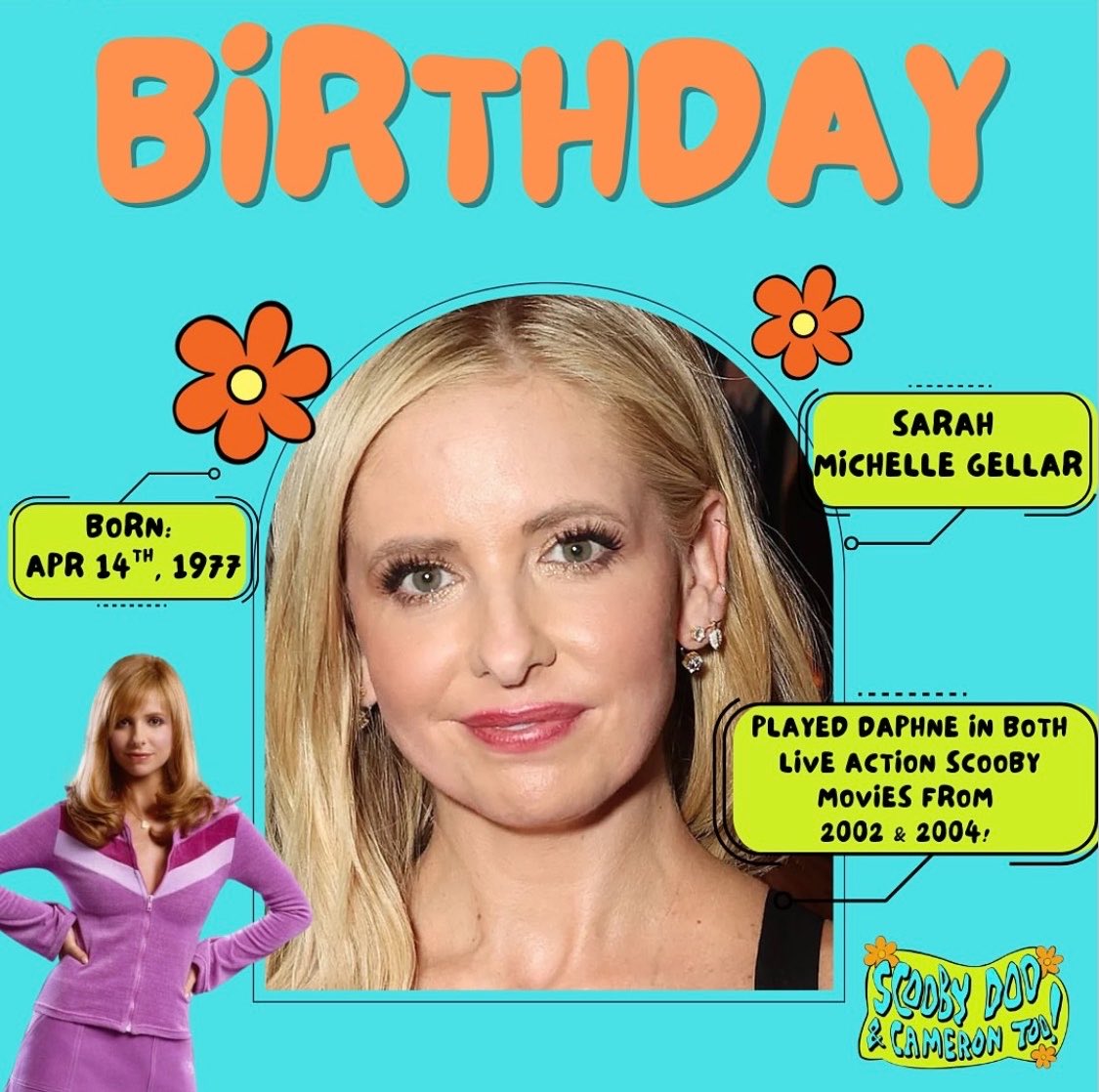 ScoobyandCam's tweet image. Jeepers, we want to wish a very Happy Birthday to Sarah Michelle Gellar🎉 Sarah played Daphne Blake in the Scooby-Doo Live Action Movies from 2002 &amp;amp; 2004. We hope you have groovy birthday Sarah💜

#ScoobyDoo #HappyBirthday #SarahMichelleGellar #Daphne #DaphneBlake @SarahMGellar