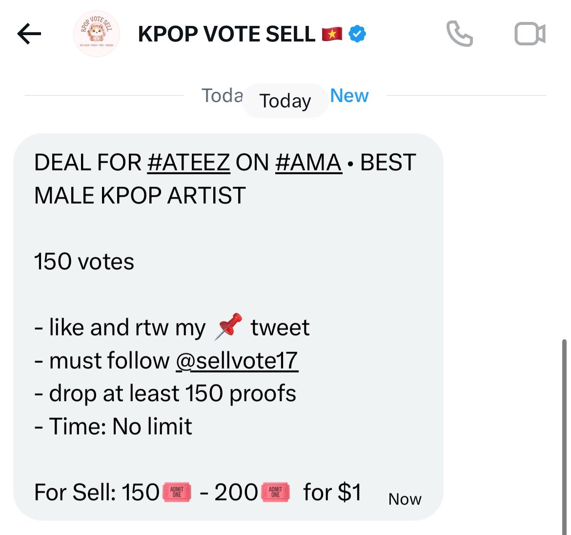 AteezVanguard's tweet image. 🚨 DEAL FOR #ATEEZ ON #AMA • BEST MALE KPOP ARTIST 

150 votes

- like and rt @sellvote17 📌 tweet
- must follow @sellvote17
- drop at least 150 proofs 
- Time: No limit 

For Sell: 150🎟️ - 200🎟️  for $1
#RideTheWave