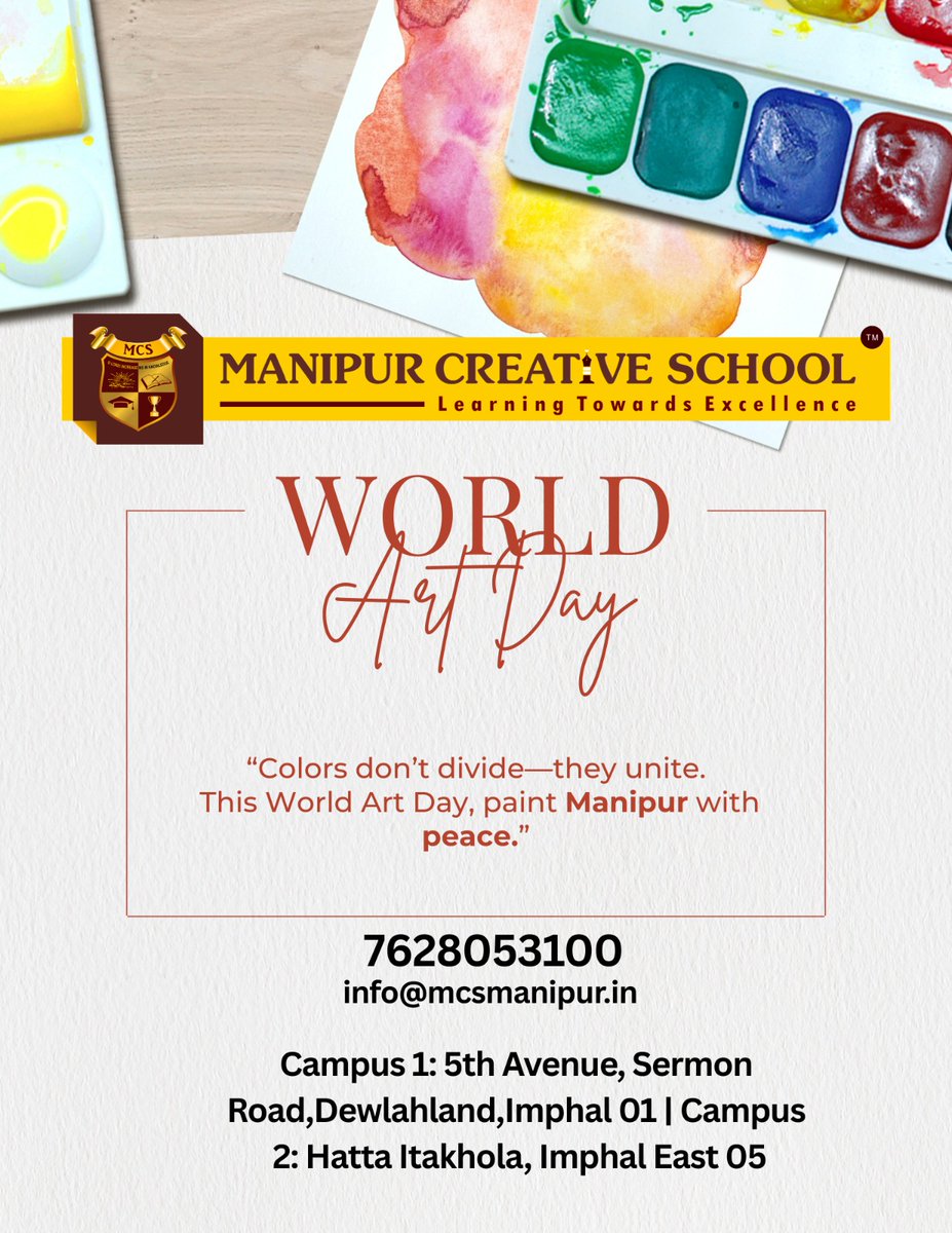 🎨 World Art Day

Colors don’t divide - they unite. 🌈
Let’s paint Manipur with peace, creativity &amp; harmony.

At Manipur Creative School, we inspire young minds to express, connect, and create a better tomorrow.

#WorldArtDay #ManipurCreativeSchool #ArtForPeace #Manipur 🎨