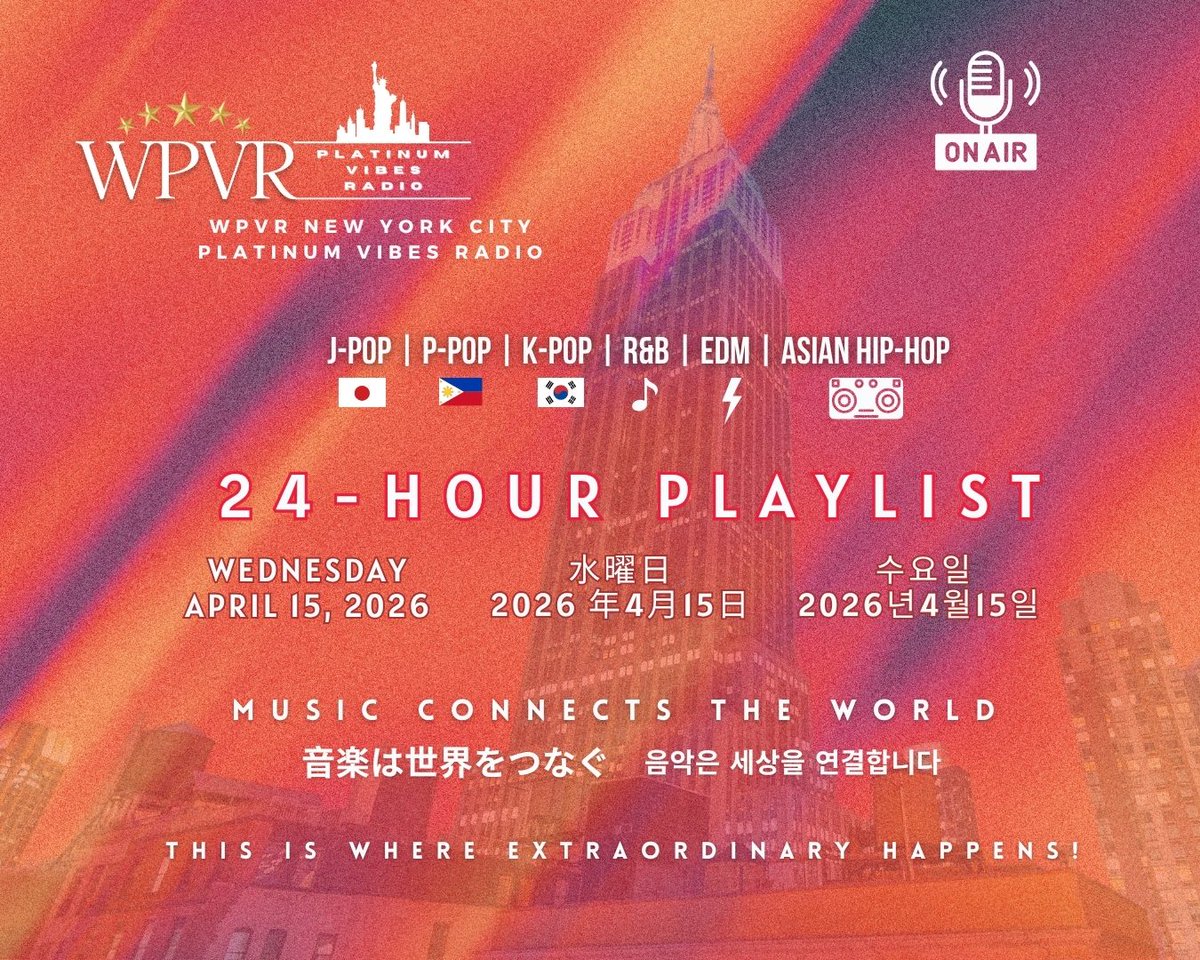 platinumvibes8's tweet image. Greetings Platinum World! 🌏どーも!  안녕하세요! Kumusta! Here is your WPVR NYC Platinum Vibes Radio 24-Hour playlist for Wednesday, April 15, 2026.

Tune in for the best mix of J‑Pop, P‑Pop, K‑Pop, Asian Hip‑Hop, R&amp;amp;B &amp;amp; EDM.  
   
Playlist: shorturl.at/Ba6B0

Listen: