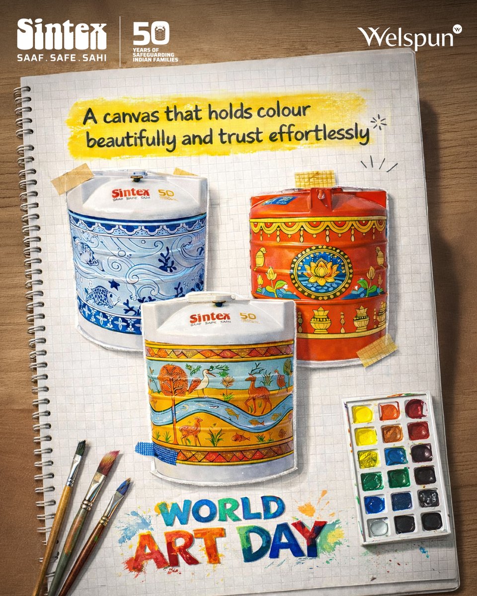 sintex_india's tweet photo. On World Art Day, we shine a light on overlooked spaces as canvases. 

And while these tanks carry art beautifully, they continue to do what they do best, safeguarding Indian families every day.

#Sintex #SahiHaiSintex #SabseSafeHamesha #SafeWaterWithSintex #WorldArtDay https://t.co/3YfYTDOmSn