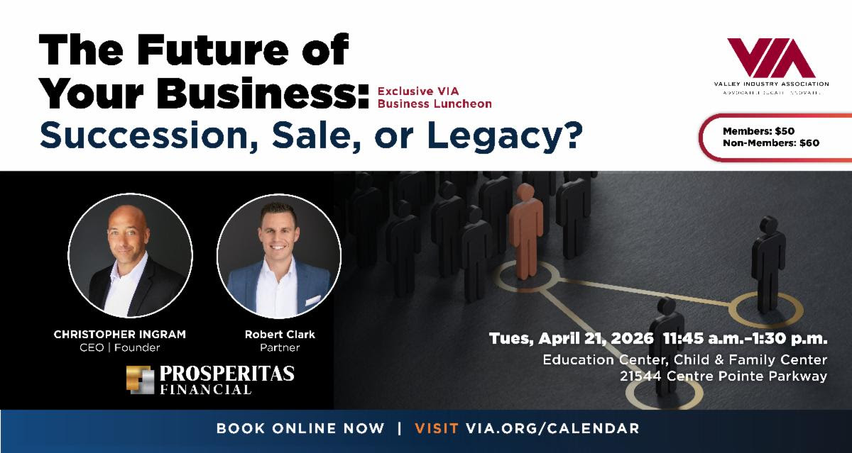 edSOSmasterson's tweet photo. HE FUTURE OF YOUR BUSINESS:  Succession, Sale or Legacy? VIA LUNCH: Tuesday, April 21, 2026 - 11:45 a.m. - 1:30 p.m. Register: https://t.co/0Rv2ZeD7c8  CHILD &amp; FAMILY CENTER - EDUCATION CENTER 21545 Centre Pointe Parkway, Santa Clarita, CA 91350 https://t.co/x2KrlWxhVM