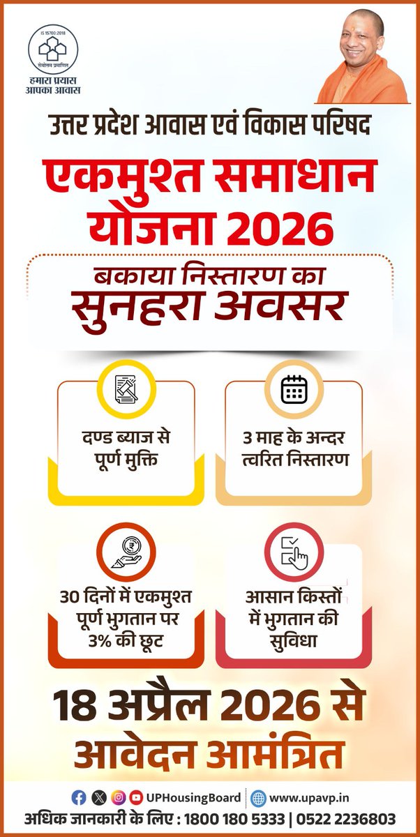 uphousingboard's tweet photo. एकमुश्त समाधान योजना: आपके बकाया समाधान का सुनियोजित अवसर।

कम बोझ, स्पष्ट प्रक्रिया और समयबद्ध निस्तारण के साथ पाएं राहत।

आवेदन 18 अप्रैल 2026 से प्रारंभ।

#OTS #UPAVP
#NayeBharatKaNayaUP https://t.co/2gLeMHlldj