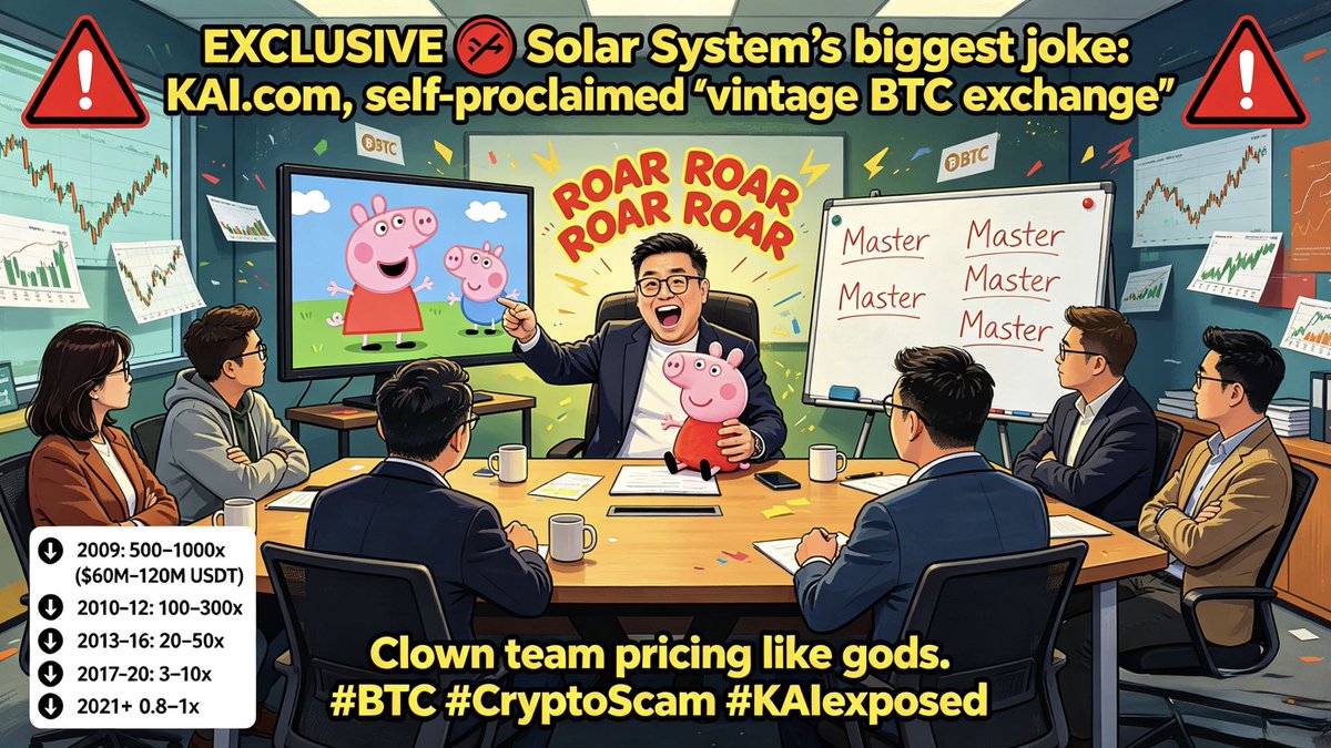 USADFinance's tweet photo. #EXCLUSIVE 🚨 Solar System’s biggest joke: https://t.co/4vmNS85fZz, self-proclaimed “vintage BTC exchange”

Founder Charles Lee is a manchild obsessed with Peppa Pig, forces team to watch cartoons mid-meeting, chants “ROAR ROAR ROAR”, calls each other “Master”.

Yet they claim total pricing power on aged BTC:

2009: 500–1000x ($60M–120M USDT)

2010–12: 100–300x

2013–16: 20–50x

2017–20: 3–10x

2021+: 0.8–1x

Clown team pricing like gods.

#BTC #CryptoScam #KAIexposed