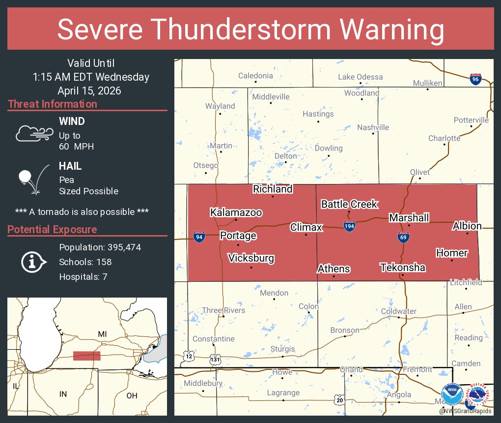 NWSGrandRapids's tweet photo. Severe Thunderstorm Warning including Kalamazoo MI, Battle Creek MI and  Portage MI until 1:15 AM EDT https://t.co/IzGFnXD2T5