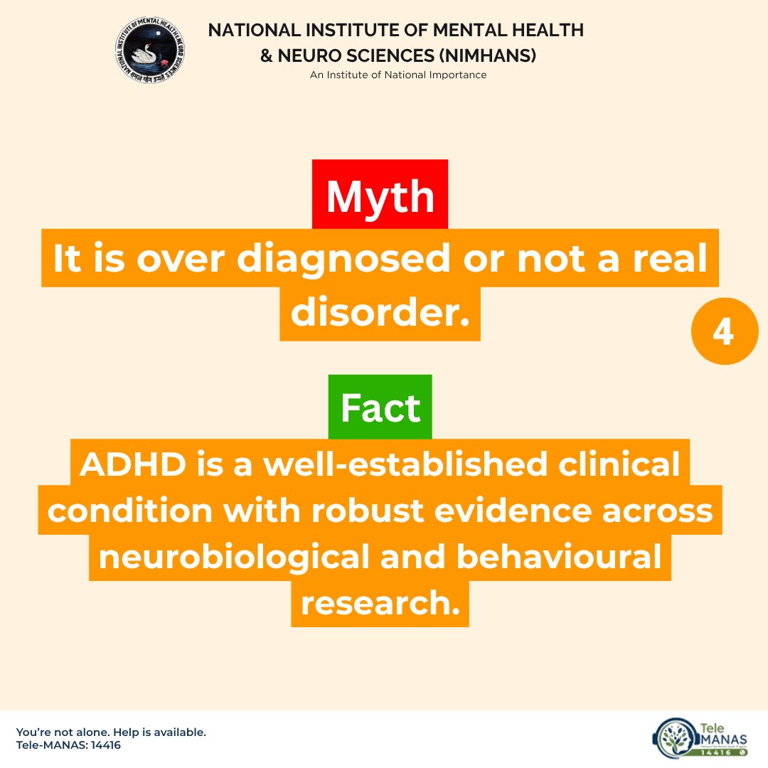 NIMHANS_BLR's tweet image. NIMHANS Bengaluru addresses ADHD facts. ADHD is a neurodevelopmental condition affecting focus and impulse control, not a result of "laziness" or "bad parenting." It requires clinical support. Call Tele-MANAS: 14416. #NIMHANSBengaluru #ADHDAwareness #MentalHealth