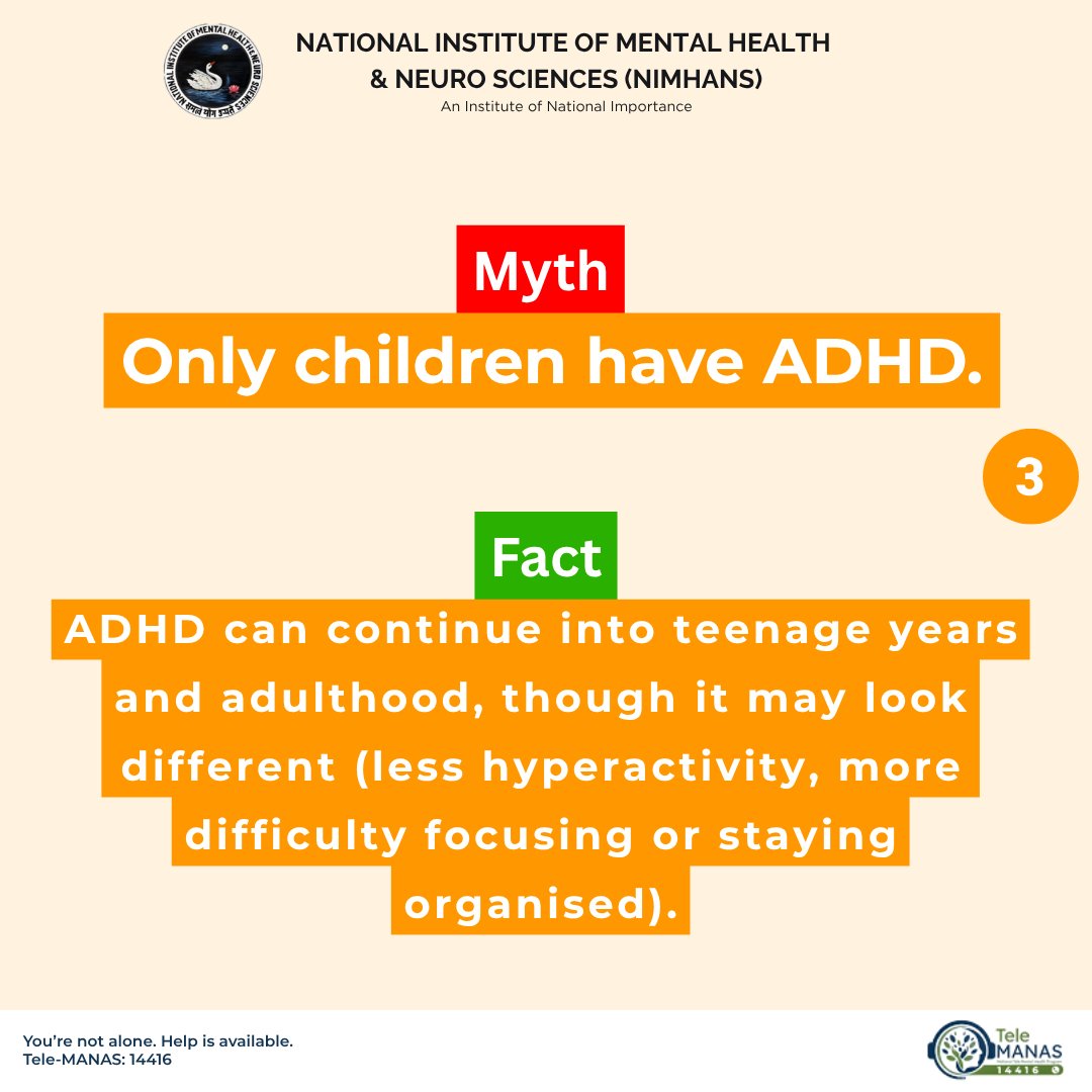 NIMHANS_BLR's tweet image. NIMHANS Bengaluru addresses ADHD facts. ADHD is a neurodevelopmental condition affecting focus and impulse control, not a result of "laziness" or "bad parenting." It requires clinical support. Call Tele-MANAS: 14416. #NIMHANSBengaluru #ADHDAwareness #MentalHealth