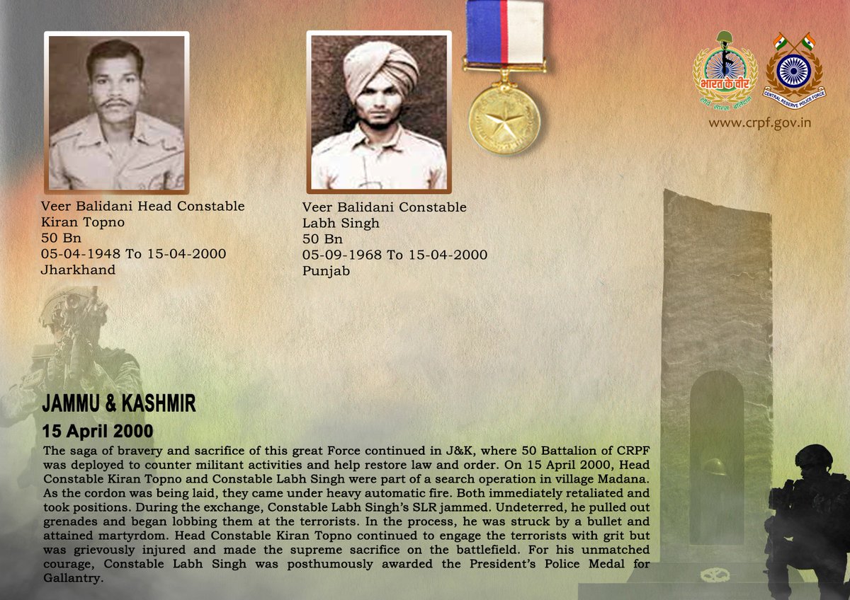 crpfindia's tweet image. DG and all Ranks of #CRPF pay solemn tribute to two valiant troopers of 50 Bn, who made the supreme sacrifice in a fierce encounter with terrorists in J&amp;amp;K on 15 April 2000. #CRPF salutes the bravehearts and pledges never to let their sacrifice go in vain.

#LestWeForget