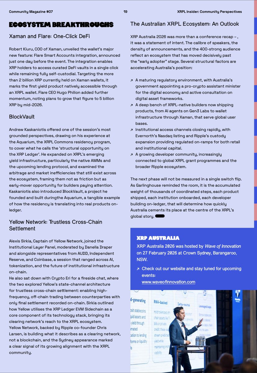 wave_of_innov's tweet photo. XRPL Community Mag DeFi edition is live. 💫

Inside, you’ll find a Wave of Innovation spread on XRP Australia 2026.

Our CMO @j_in_marketing distilled the days highlights, 2 pages, high signal.

It sits alongside strong coverage of where DeFi and institutional rails are heading in 2026. 

📚 → https://t.co/pgVIKBz4na