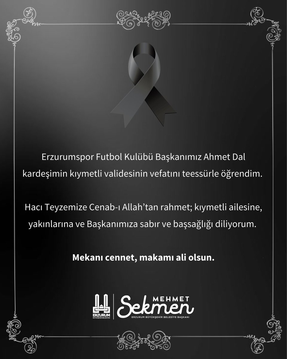 Erzurumspor Futbol Kulübü Başkanımız Ahmet Dal kardeşimin kıymetli validesinin vefatını teessürle öğrendim. 

Hacı Teyzemize Cenab-ı Allah’tan rahmet; kıymetli ailesine, yakınlarına ve Başkanımıza sabır ve başsağlığı diliyorum. Mekanı cennet, makamı ali olsun.