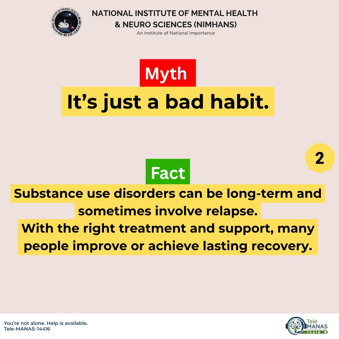 NIMHANS_BLR's tweet image. Substance Use Disorder is a chronic, treatable health condition, not a lack of willpower. Recovery is possible with proper biological, psychological, and social support. Seek professional care. Call 14416. #NIMHANSBengaluru #AddictionRecovery #MentalHealth
