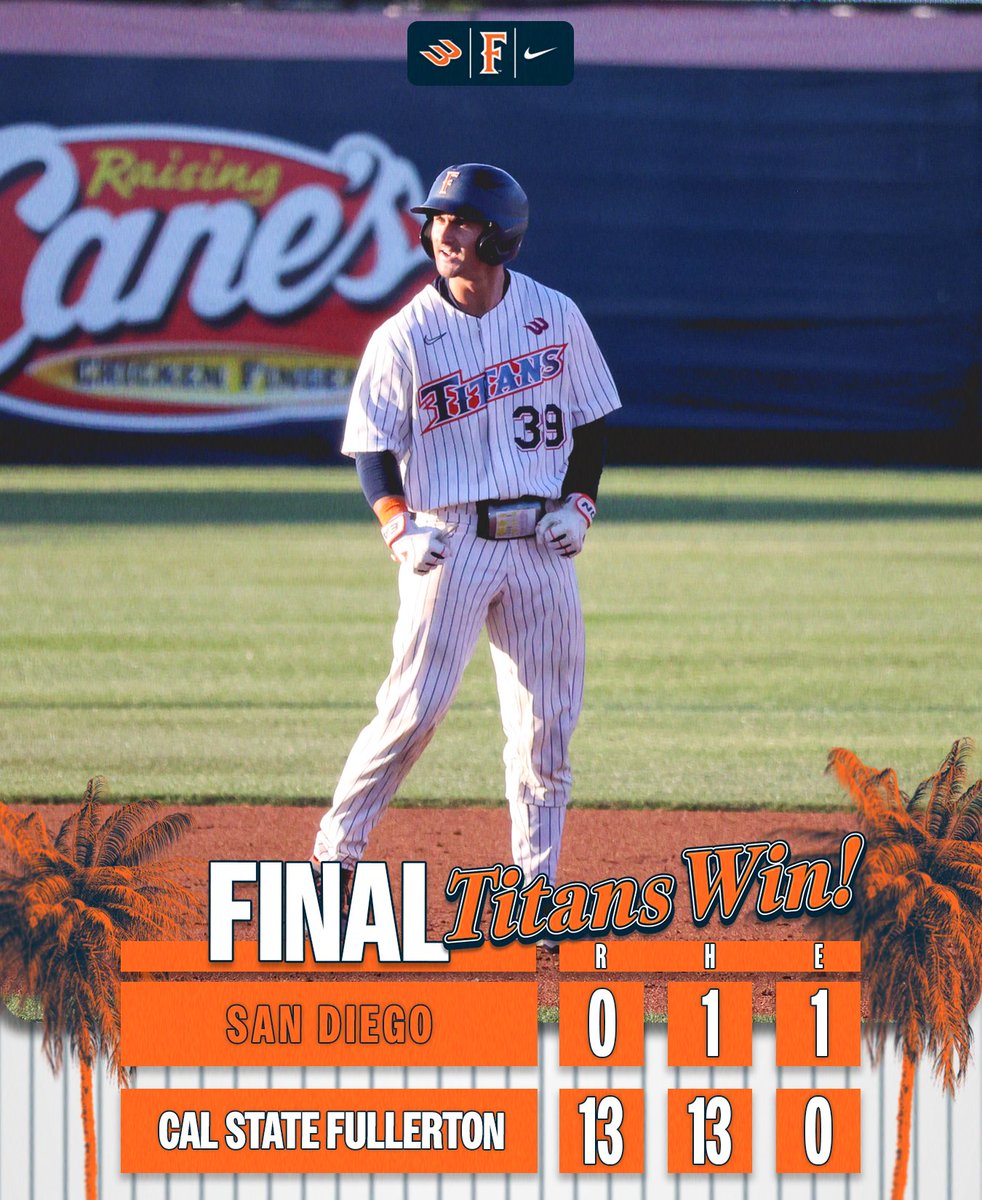 FullertonBSB's tweet photo. Titans defeat San Diego 13-0 in seven innings!

#TusksUp https://t.co/mbsink93hF