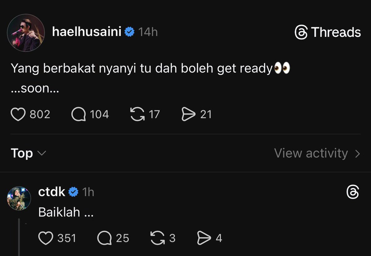 Bak kata <a href="/haelhusaini/">HH</a> , yang berbakat menyanyi tu dah kena get ready...Agak-agaknya ada apa tu? Sampaikan biduanita negara, Dato' Sri Siti Nurhaliza <a href="/CTNurhaliza11/">Siti Nurhaliza</a> pun komen kat threads lah 😂