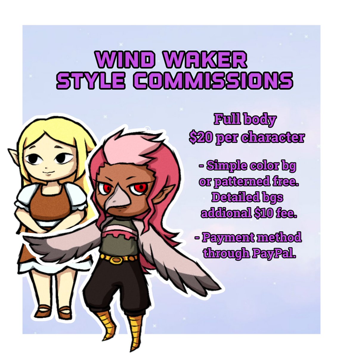 PocketLocketx's tweet photo. Been trying to do stylized commissions like this to help with expenses. So going to post this here also. Dm if interested or to ask any other questions!

#windwaker #commissions #commissionsheet #Zelda #thelegendofzelda https://t.co/GfVktxc6Fj