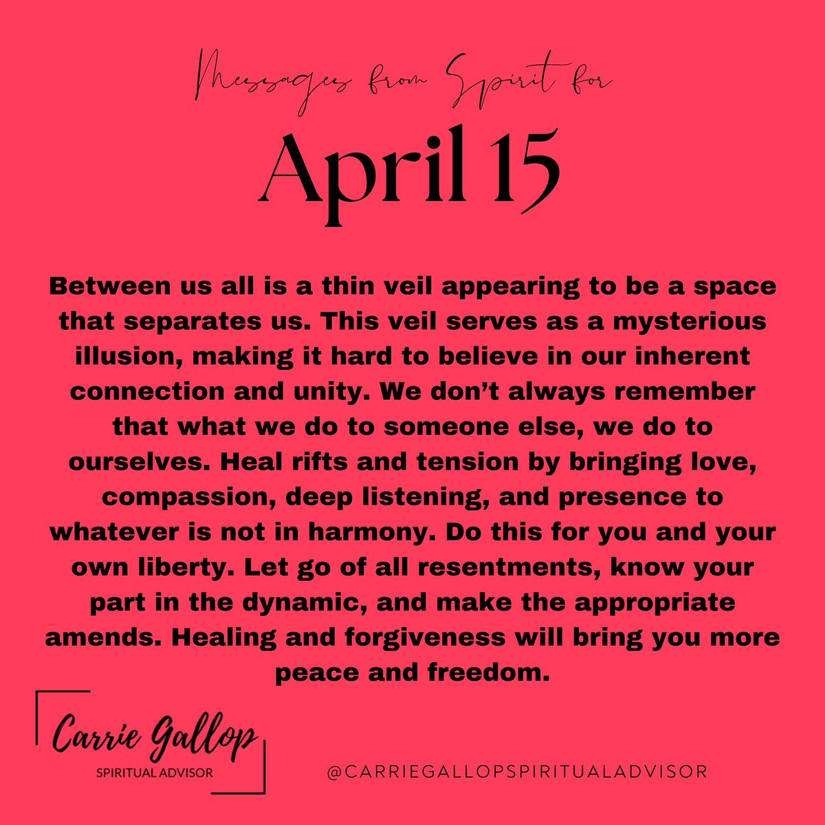 CarrieGallop's tweet image. Messages From Spirit for April 15 💕🙏✨

#Daily #Message #Repairing #Forgiveness #Connection #Separate #Separation #Illusion #Unity #WeAreOne #Heal #Mend #Rifts #Tension #Love #Compassion #Listening #Presence #Harmony #Liberty #Freedom #Dynamics #MakeAmends #Peace