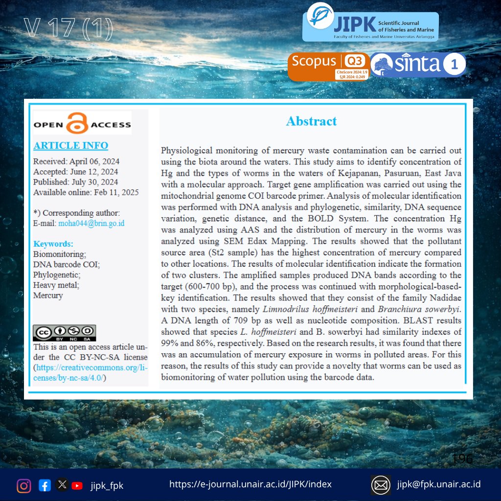 jipk19's tweet photo. "Hidden Clues in DNA: How Worms Expose Mercury Pollution"

Abstract
Physiological monitoring of mercury waste contamination can be carried out using the biota around the waters.
https://t.co/hkqlp2C4IU
#fpkunair
#jipk
#scopus
#scopusjournal
#journal
#sciencetificjournal
#fpk https://t.co/VysHtN7egb