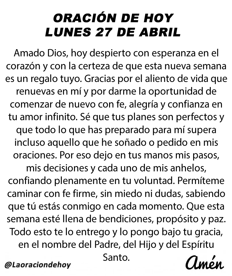 Oración diaria para hoy lunes 27 de abril de 2026.