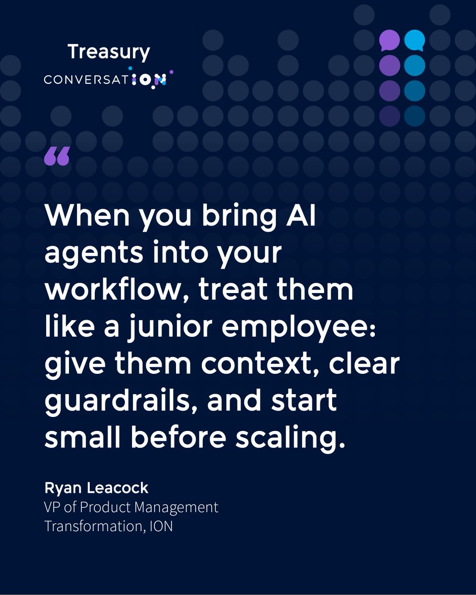 IONTreasury's tweet photo. Listen to ION's latest #TreasuryConversatION. Clear takeaway: most teams aren’t chasing hype. They’re focused on automation, putting guardrails around AI, and questioning whether extra forecast accuracy is worth the cost. Worth a listen: https://t.co/T98fKuim3D https://t.co/KdG5GykAcE