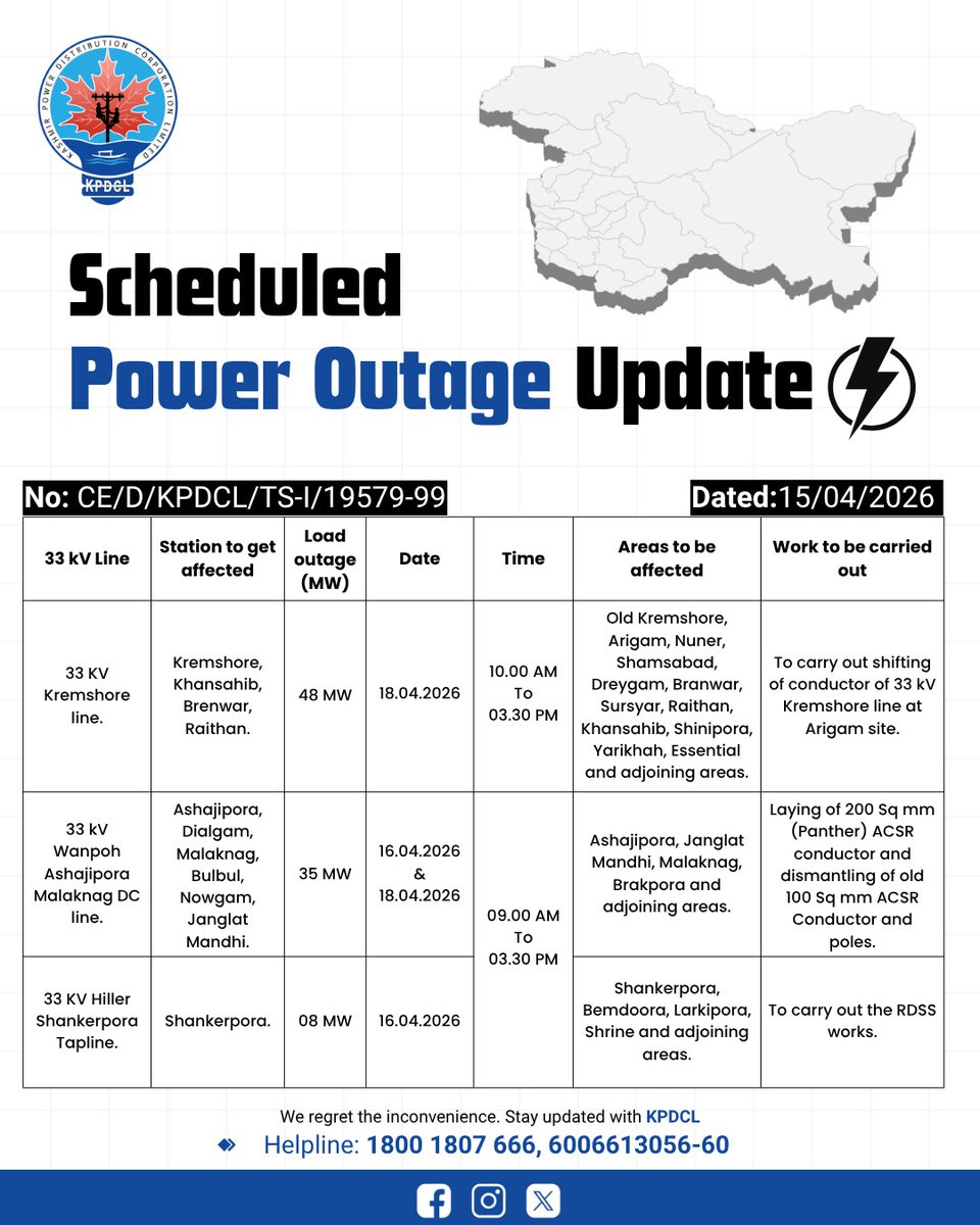 kpdcloffice's tweet image. Scheduled Power Shutdown Update of 33 KV Lines.

Stay prepared!

We regret the inconvenience caused.

#KPDCL #SHUTDOWN

@CM_JnK @OfficeOfLGJandK @diprjk @nasirsogami @DivComKash @GreaterKashmir @RisingKashmir