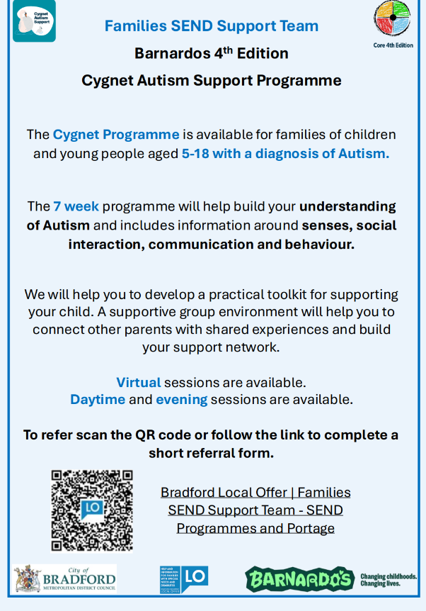 ThorpeBradford's tweet image. The Cygnet Autism Support Programme is available for parents and carers of children with a diagnosis of Autism.

#SEND #AutismSupport @CATAcademyTrust