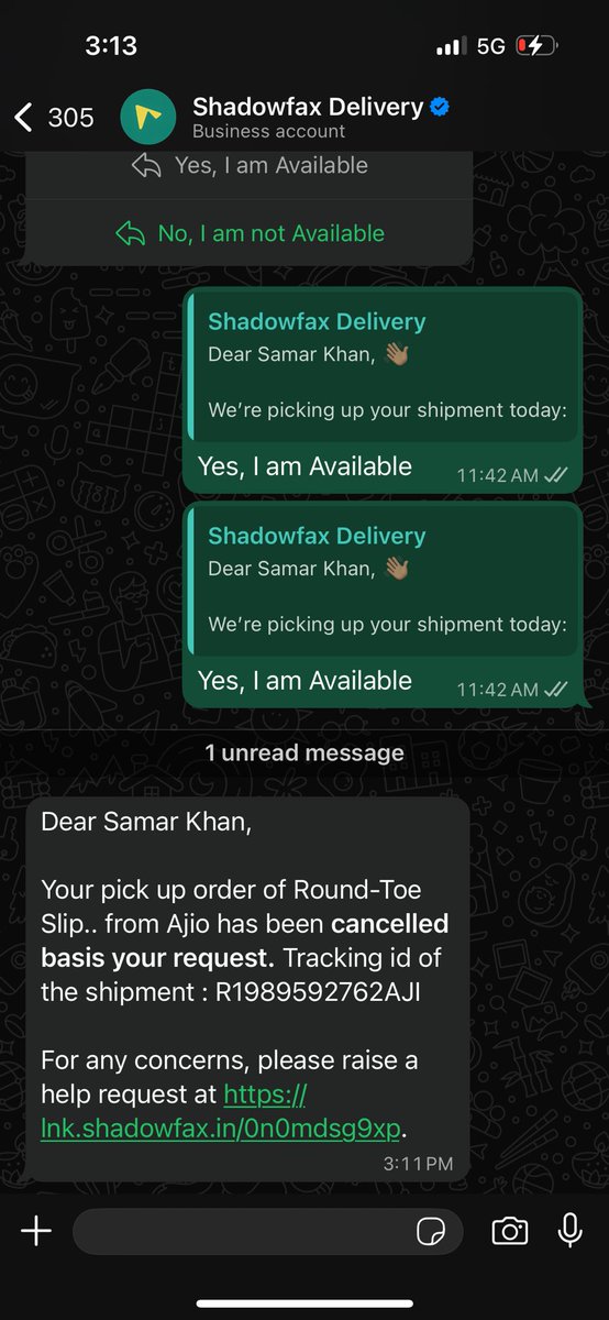 samarkhanxo's tweet photo. @AjioCares @AJIOLife @shadowfax_in there is still no pickup attempt made and i just received a message that it’s been cancelled, it’s not acceptable and really frustrating https://t.co/WT9Qf0OHHw