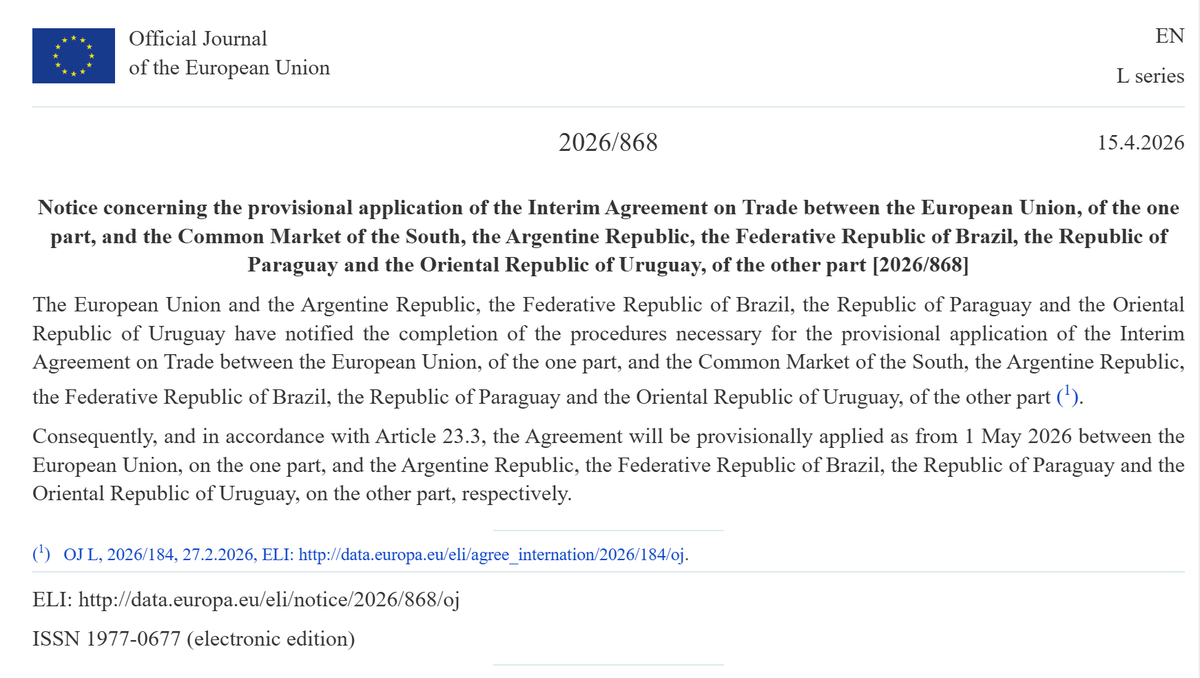 berndlange's tweet image. It's really happening! #EU #Mercosur agreement will start provisional application on 1 May.
🇪🇺🤝🇧🇷🇦🇷🇺🇾🇵🇾 
We will celebrate this geopolitically smart and economically necessary agreement next week at the Hannover Messe, where #Brazil is the partner country.
#HM26 #HannoverMesse