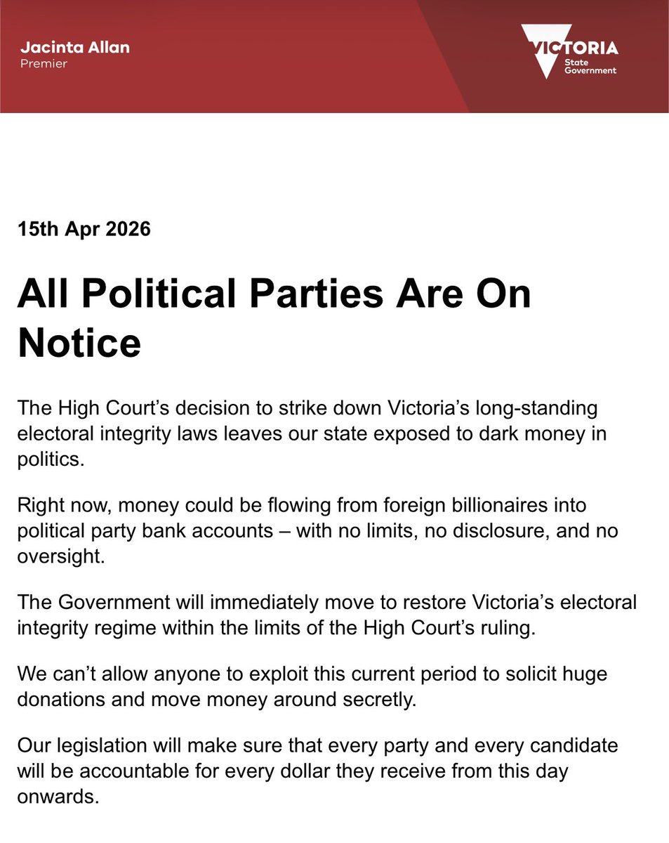 What a bizarre statement to release from Jacinta Allan....? 
Wonder if it includes money from the  CFMEU?