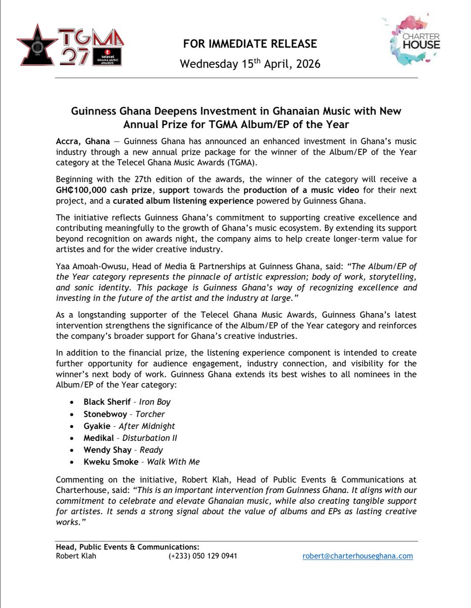 GHMusicAwards's tweet image. 📌 Guinness Ghana Deepens Investment in Ghanaian Music with New Annual Prize for TGMA Album/EP of the Year.

For The People. For The Culture. For The Music 🎶 

#27thTGMA #guinness #guinnessghana