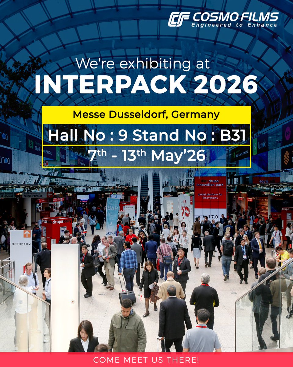 CosmoFilmsLtd's tweet photo. Have you marked your calendars for Interpack 2026, Messe Düsseldorf, Germany?

Meet us at Hall No: 9 Stand No: B31 from 7–13 May 2026.

#CosmoFilms #Exhibition #Event #Exhibitior #Interpack #Interpack2026 https://t.co/M6Bp1k5pO8