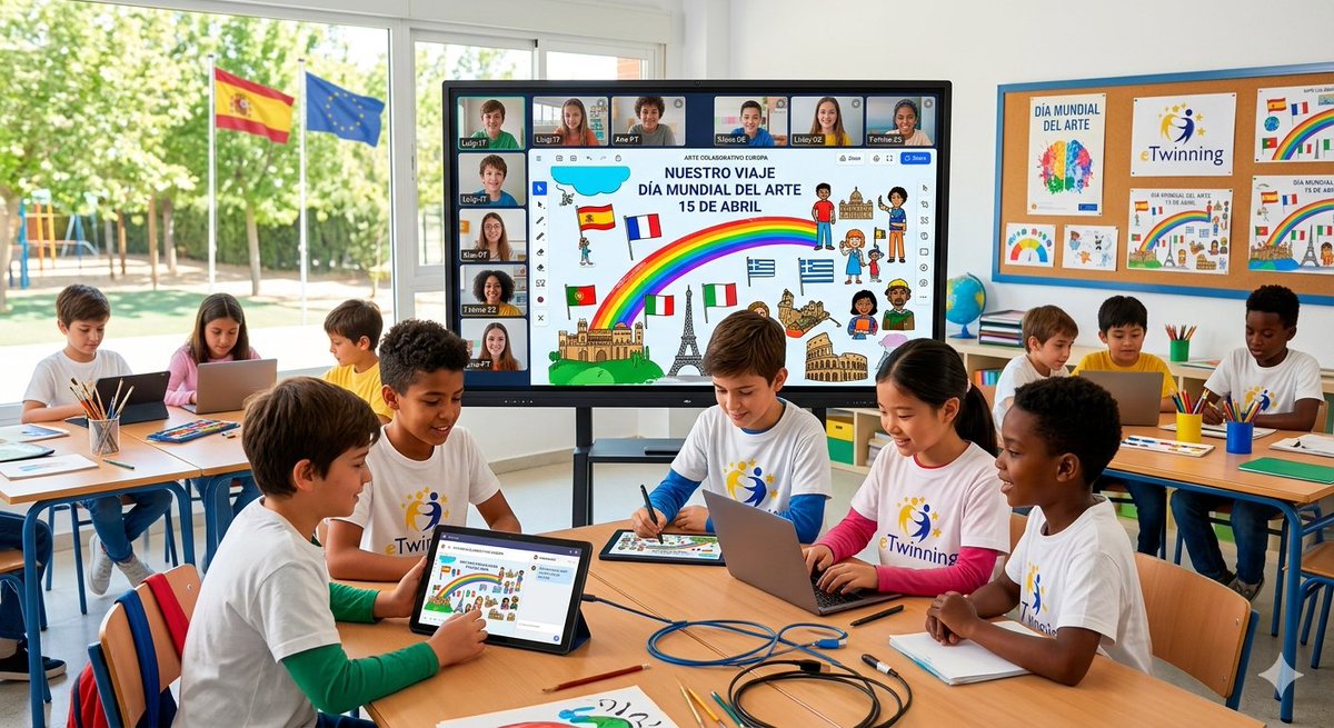 eTwinning_es's tweet photo. 🎨 ¡Feliz #DiaMundialDelArte en #eTwinning! 🇪🇺

🖌️Hoy celebramos la creatividad sin fronteras. Proyectos como "ArThenea", "The 2030 Agenda with art", "ArtExplorers", "Streetart" demuestran que, con tablets y trabajo online, el alumnado europeo crea obras maestras colaborativas. https://t.co/zxLXjQhBDX