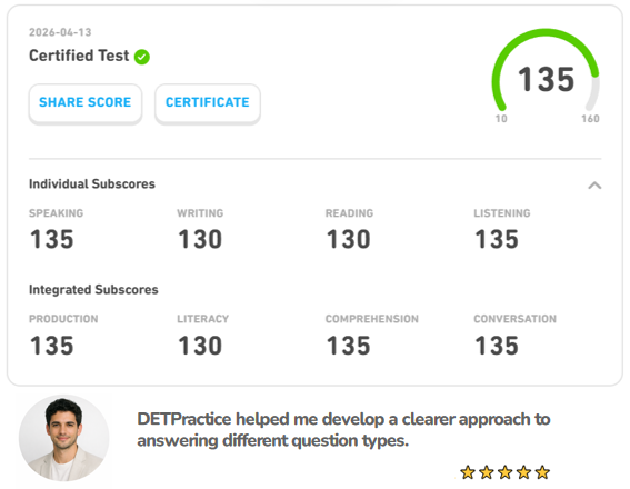 PracticeDET's tweet image. 🇮🇹 Marco Rossi scored 135 on the Duolingo English Test in 2 months.

With AI Correction and Mock Tests on detpractice.com, he improved clarity and consistency.

👉 Try the 3-day FREE VIP and take control of your DET prep.

#DuolingoEnglishTest #DET #detpractice