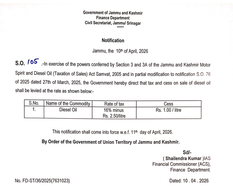 jkmediasocial's tweet image. Government of Jammu and Kashmir has issued a #notification revising the #tax structure on the sale of #diesel oil in the Union Territory.