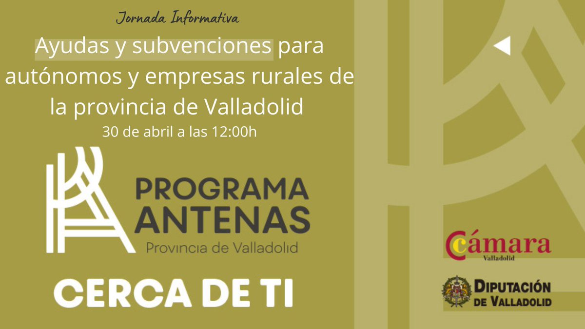 cam_valladolid's tweet image. 🤔 ¿Conoces las ayudas que pueden impulsar tu empresa?
Descubre las ayudas y subvenciones para autónomos, pymes y emprendedores de #Valladolid 🚀

Inscríbete 👉🏼 camaravalladolid.com/evento/ayudas-…

En colaboración @Dip_Va 

#Autonómos #Emprendedores #Subvenciones #ImpulsoEmpresarial
