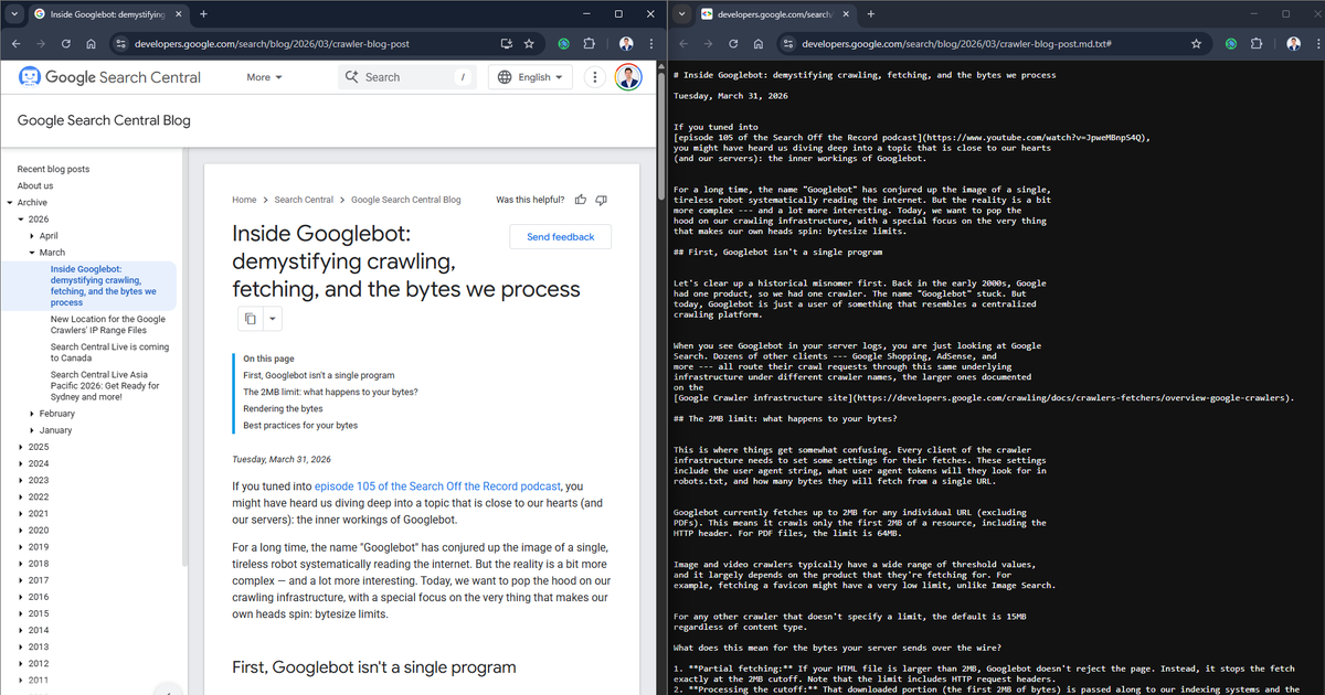 SylvainL's tweet image. 🛎️Google a silencieusement mis en place les pages markdown sur Google Search Central Blog. Prenez n'importe quelle URL developers.google.com et ajoutez ".md.txt" vous obtenez la version markdown (ou cliquez "Affichez en markdown" sur le Blog). 
#SEO #GEO via @benoitperrotin