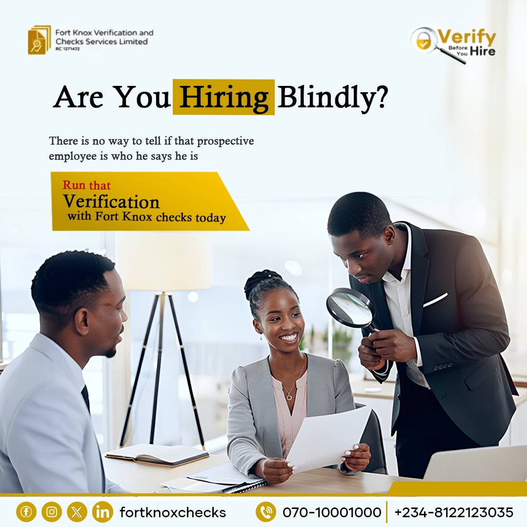 FortKnox_Checks's tweet photo. Run that verification with Fort Knox Checks today
Secure your business by running background checks on prospective and existing employees.
Contact us today on 07010001000 or 08122123035
#fortknoxchecks #backgroundcheckservices #backgroundchecks #securityservices https://t.co/gLKpohr4lC