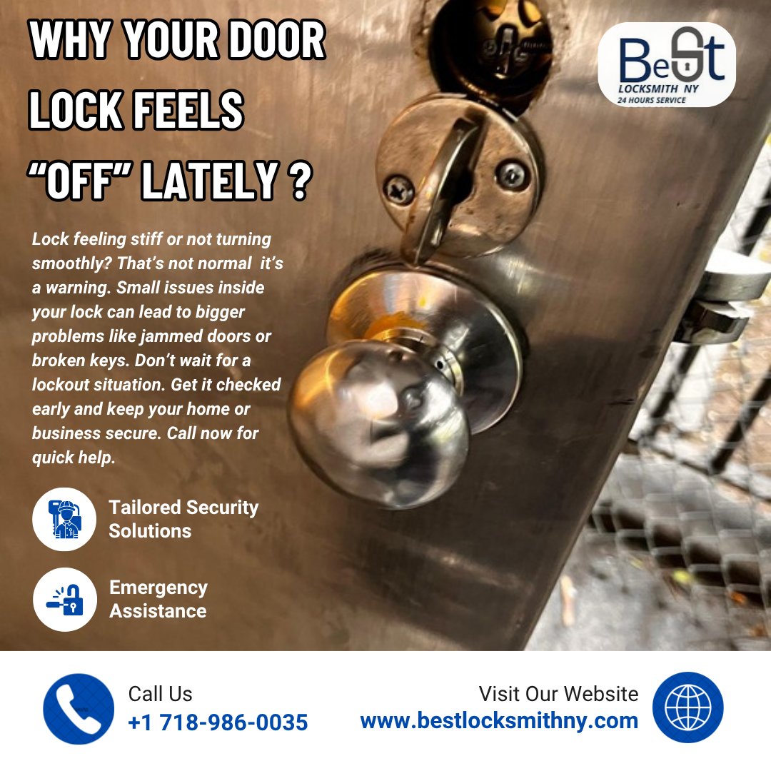 BestLocksmithNY's tweet photo. Lock feeling “off”? That’s your warning sign. Small issues turn into lockouts fast stiff key, resistance, uneven turning = trouble coming. Don’t wait till it fails at the worst moment. Fix it early, stay secure, and avoid the stress. 
https://t.co/htvjGyAxDU https://t.co/7i34CkWkdr