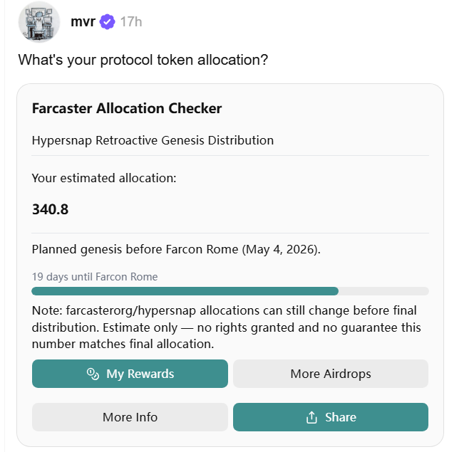 ✅有<a href="/farcaster_xyz/">Farcaster</a>  账户的去检查 Hypersnap 空投：

检查链接：farcaster.xyz/mvr/0xc4eaa437

我的预估分配额：340.8个

计划在 Farcon Rome 大会（2026 年 5 月 4 日）之前进行TGE。

PS：看了下发布空投的farcaster创始人也关注了，可能根据个人账户活跃度来给的！