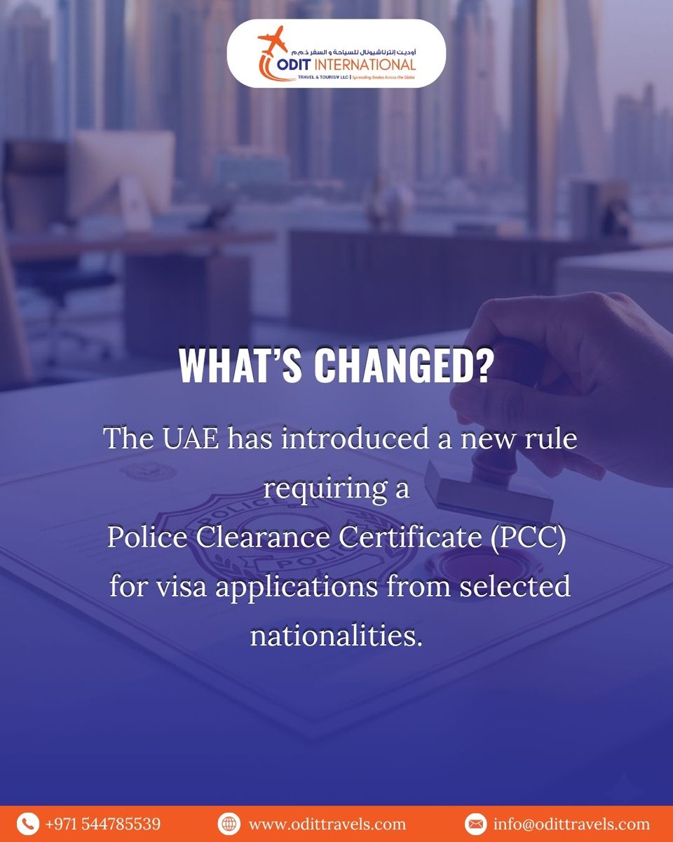 OditTravels's tweet photo. 🚨 UAE Visa Update 2026

PCC is now mandatory for selected nationalities only ⚠️

✅ Key points:
• Applies to specific countries
• Must be attested
• Depends on visa type
💡 Check before applying to avoid delays.
✈️ Need help? DM us. 
#odittravel #uaevisa https://t.co/KGKiuPkMjg