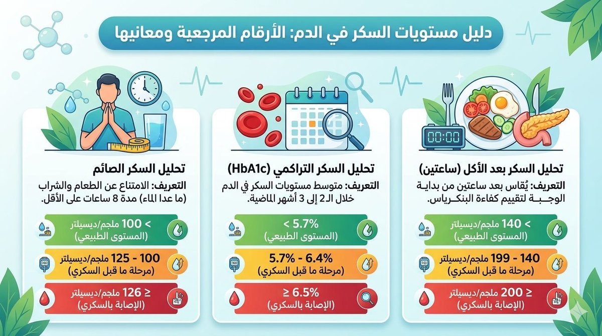 Dr_ghamdi_'s tweet photo. كثيراً ما تقرأ نتائج تحاليل السكر وتقف حائر أمام الأرقام! 🤔

ما هو الطبيعي؟ متى ندخل في دائرة الخطر؟ وما الفرق بين "الصائم" و"التراكمي"؟

لخصت لكم أهم 3 تحاليل للسكر بأرقامها المرجعية المعتمدة لتكون دليلك ومرجعك دائماً: 👇

​1️⃣ تحليل السكر الصائم (Fasting Blood Sugar):

💡 ماذا يعني "صائم" طبياً؟ الامتناع تماماً عن أي طعام أو شراب (فيه سعرات) لمدة 8 ساعات على الأقل قبل سحب الدم.. (يُسمح بشرب الماء...).

​📊 لغة الأرقام (ملجم/ديسيلتر):

�� طبيعي وممتاز: أقل من 100

🟡 مرحلة ما قبل السكري (إنذار): 100 إلى 125

🔴 الإصابة بالسكري: 126 أو أعلى

​2️⃣ تحليل السكر التراكمي (HbA1c): 

لماذا هو مهم جداً؟ لأنه يبين مستوى السكر لديك خلال الـ 3 أشهر الماضية! ولا يتأثر بصيامك أو بنوع عشاء البارحة، ولا يهم متى تقيسه.

​📊 لغة الأرقام:

🟢 طبيعي: أقل من 5.7%

🟡 مرحلة ما قبل السكري: 5.7% إلى 6.4%

🔴 سكري: 6.5% أو أعلى

(الهدف العلاجي لمرضى السكري غالباً يُنصح بأن يكون أقل من 7% ......).

​3️⃣ تحليل السكر بعد الأكل بساعتين:

يُقاس بعد ساعتين "بالضبط" من بداية الوجبة، ليختبر مدى قدرة وكفاءة البنكرياس على إفراز الأنسولين للتعامل مع السكر الذي دخل جسمك.

​📊 لغة الأرقام (ملجم/ديسيلتر):

🟢 طبيعي: أقل من 140

🟡 مرحلة ما قبل السكري: 140 إلى 199

🔴 سكري: 200 أو أعلى

​💡 نصيحة ذهبية للختام:

الطبيب لا يشخص مرض السكري من قراءة واحدة مرتفعة بالصدفة (إلا في حالات نادرة جداً ومصحوبة بأعراض قوية). التشخيص الصحيح يحتاج عادة لإعادة الفحص للتأكيد.

​احفظ هذه التغريدة للرجوع لها، وشاركها مع من تحب لتعم الفائدة! 💙✨

​#السكري #صحة #توعية_صحية