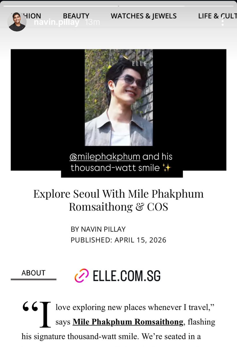 Editor of Elle SG, Navin Pillay:

" Mile Phakphum and his thousand-watt smile ✨ "

MILE X COS IN SEOUL

<a href="/milephakphum/">mile phakphum</a> 
#MilePhakphum 
#COSSS26XMILE 
#COSSS26