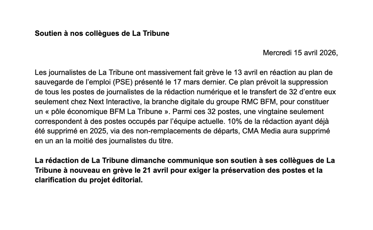 SDJLaTribune's tweet photo. La rédaction de La Tribune dimanche communique son soutien à ses collègues de La Tribune à nouveau en grève le 21 avril pour exiger la préservation des postes et la clarification du projet éditorial. https://t.co/TDiuSjYV6t