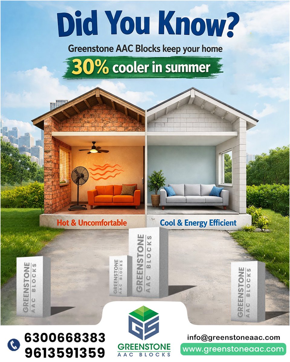 GreenstoneAac's tweet image. Did you know?
AAC Blocks can keep your home up to 30% cooler during summer—ensuring energy savings and comfortable living for your family.

Reach Us For Best AAC Blocks
🌐 greenstoneaac.com

#DidYouKnow #CoolerHomes #EnergyEfficiency #GreenstoneAAC #AACBlocks #SmartLiving