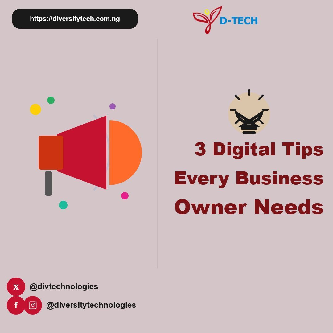 divtechnologies's tweet photo. 3 digital marketing tips for Nigerian businesses:
1. Post consistently on social media
2. Optimize for Google (SEO)
3. Use email marketing

Need help? D-TECH is here! #DigitalMarketing #MarketingTips #Nigeria https://t.co/87r6V7dAa1